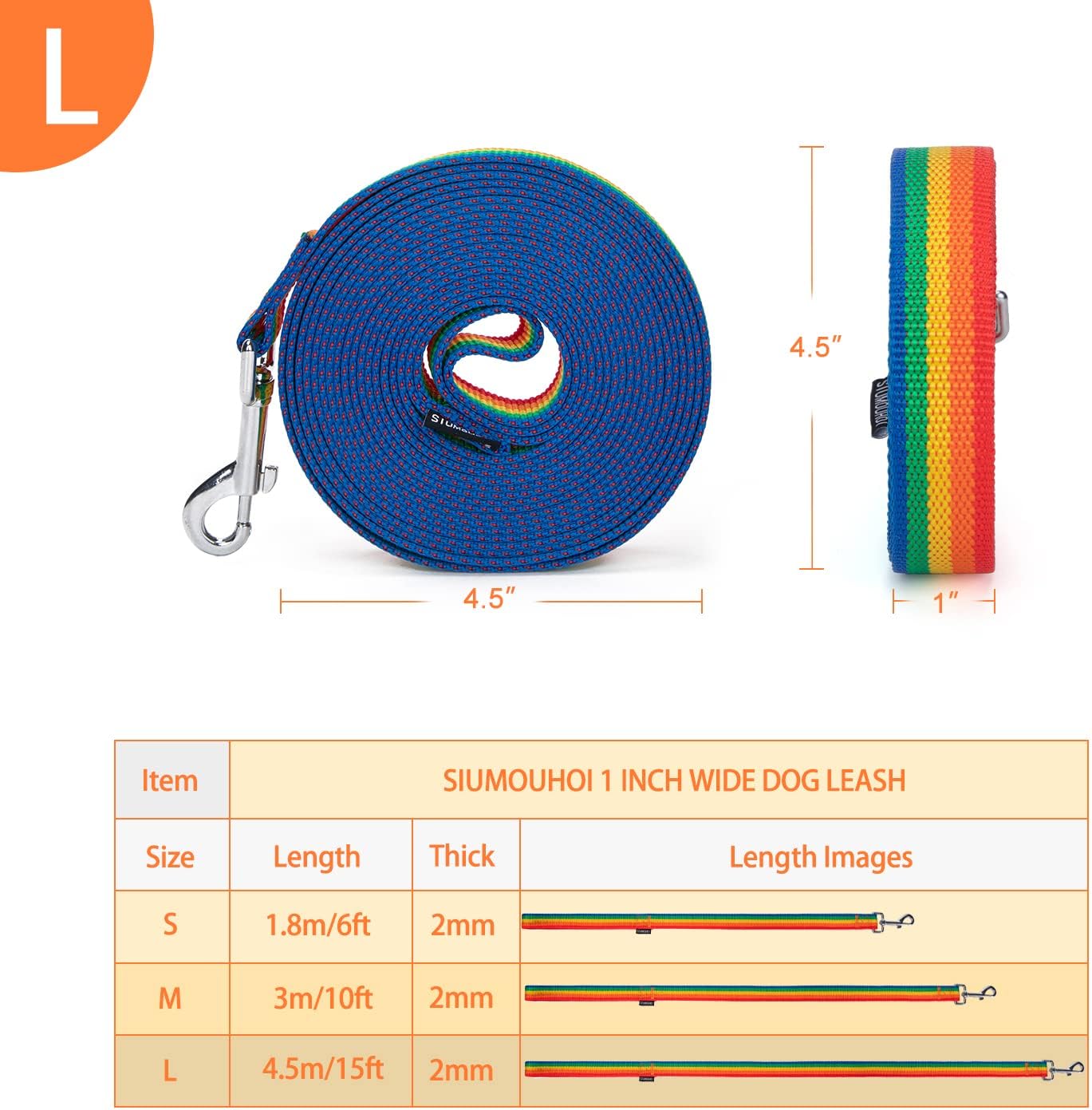 Strong Durable Nylon Dog Training Leash, 1 Inch Wide Traction Rope, 6 ft 10ft 15ft Long, for Small and Medium Dog (Rainbow, 15 Feet)