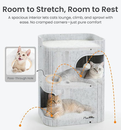 Made4Pets Cat House for Indoor Use, 2-Storey Cube Bed Cave, Covered Hideaway Condo with Scratch-Resistant Felt, Foldable Easy-to-Clean Design for Multi-Cat Homes, Marble White