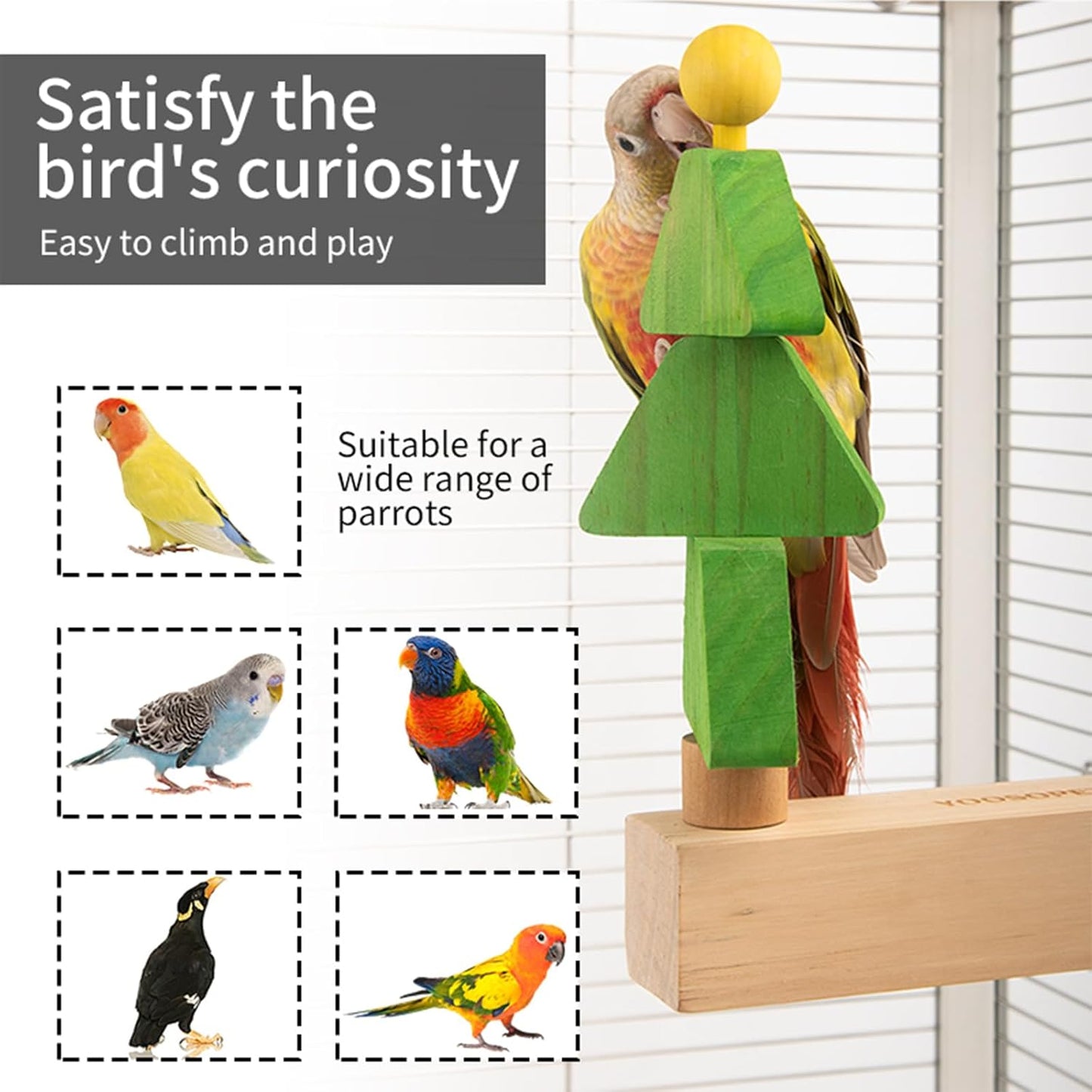 Bird toys & Bird Perch, Bird Wooden Block Chewing Toy Parrot Foraging & Puzzle Toys Bird Cage Accessories for Conures Parakeets Cockatiels Lovebirds African Grey Macaws (Revolving Christmas Tree)