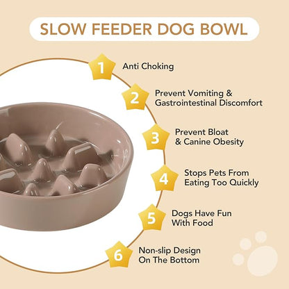 Ceramic 7.3 inch Dog Bowl Slow Feeder, Slow Pet Food Dish for Medium and Small Dog, Stop Bloat, Preventing Choking(Single Bowl, Brown Coffee)