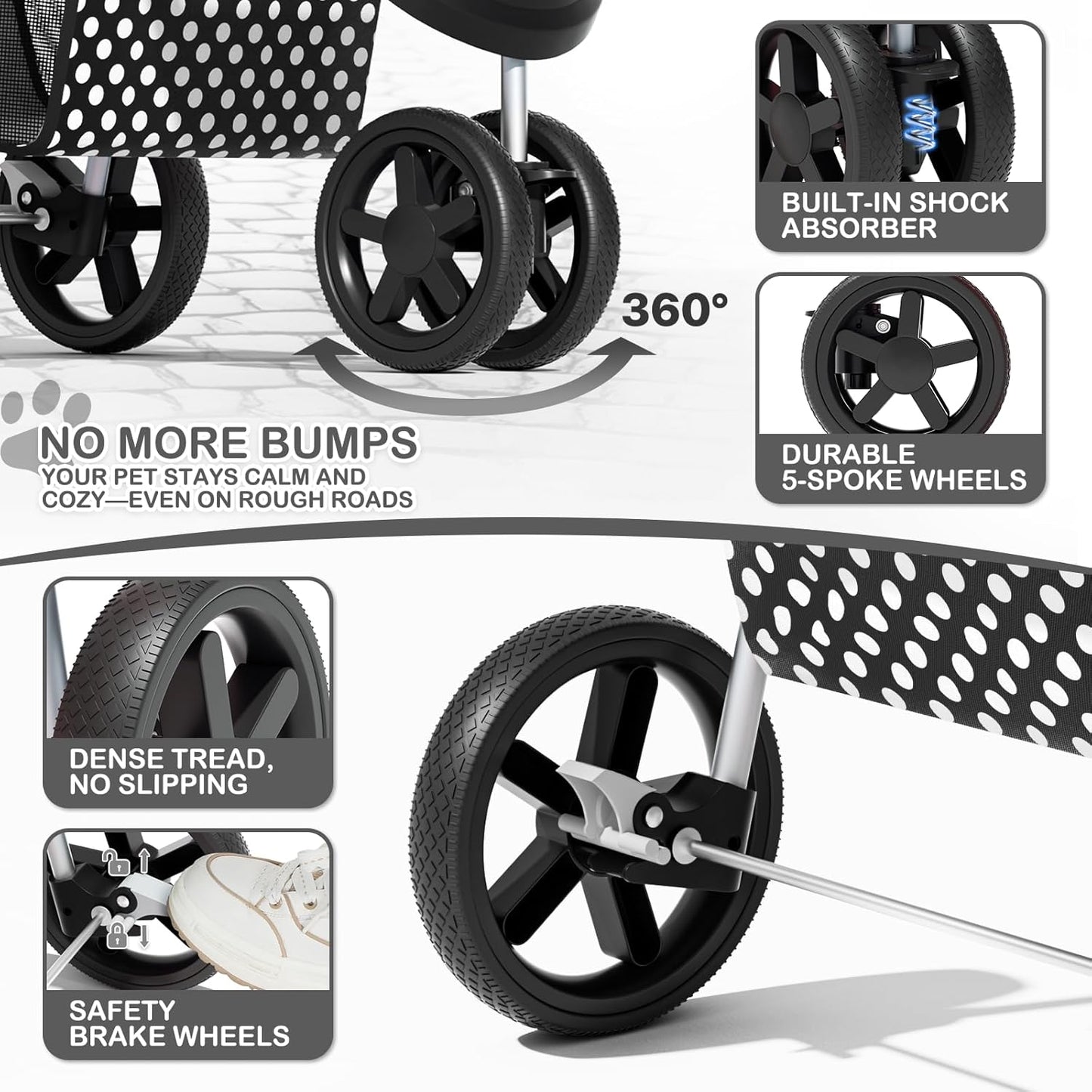 MoNiBloom 3 Wheels Pet Dog Cat Stroller for Small Medium Dogs Cats, Foldable Jogger Stroller w/Storage Basket and Cup Holder, Black Polka Dots