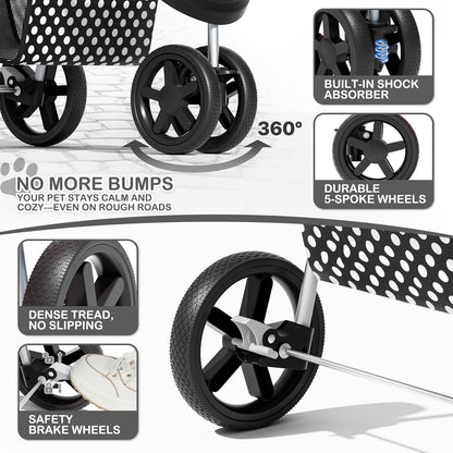 MoNiBloom 3 Wheels Pet Dog Cat Stroller for Small Medium Dogs Cats, Foldable Jogger Stroller w/Storage Basket and Cup Holder, Black Polka Dots