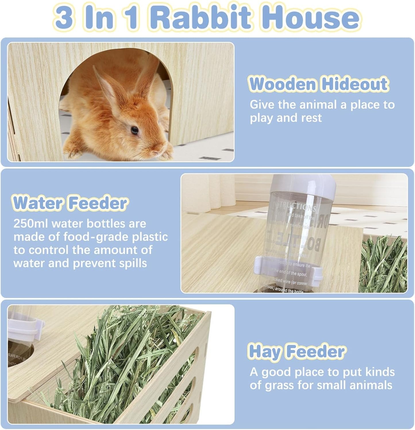 Hamiledyi Guinea Pig Hideout with Hay Feeder and Water Bottle Natural Wooden Chinchilla House Bunny Castle Small Animal Hideout for Rabbit Chinchilla Bunny and Guinea Pig