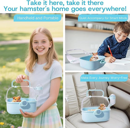 Portable Hamster Carrier Cage for Travel - Acrylic Small Animal Cage with Ventilation Holes,Escape-Proof Hamster Travel Cage for Outdoor Picnics, Vet Visits(Blue)