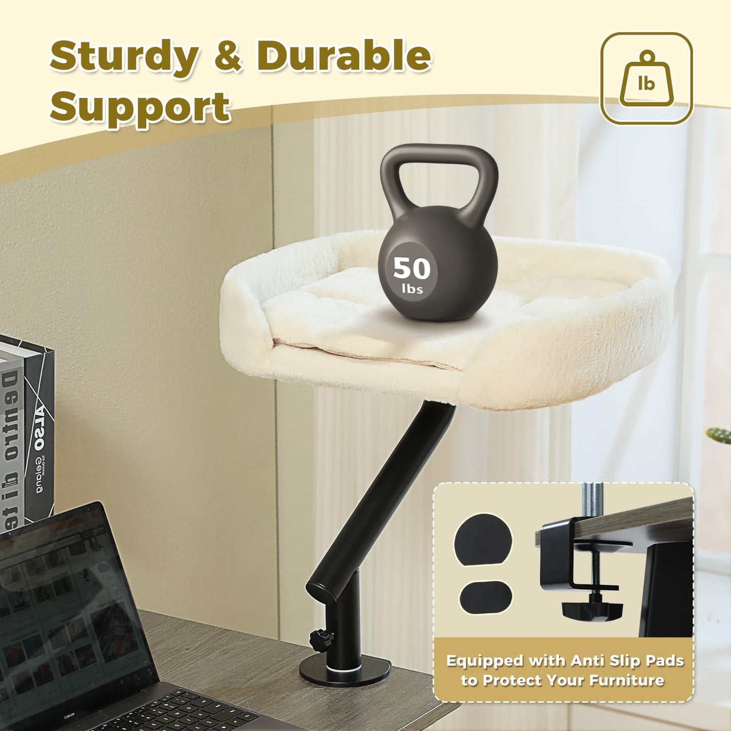 PAWZ Road Cat Desk Bed for Indoor Cats, Cat Bed for Desk Supports Up to 50 lbs, 360° Rotation & Adjustable, Nest Desktop Attachment Cats Hammock for Table, White