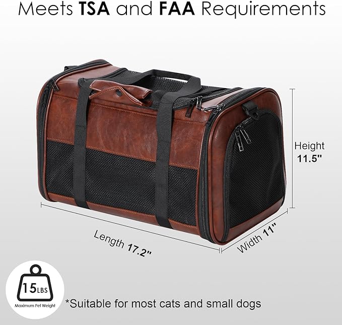 Fashion Leather Dog Carrier, Airline Approved Cat Carrier Soft Sided Pet Bag Carrier Purse for Puppy Kitten Small Animals Coffee