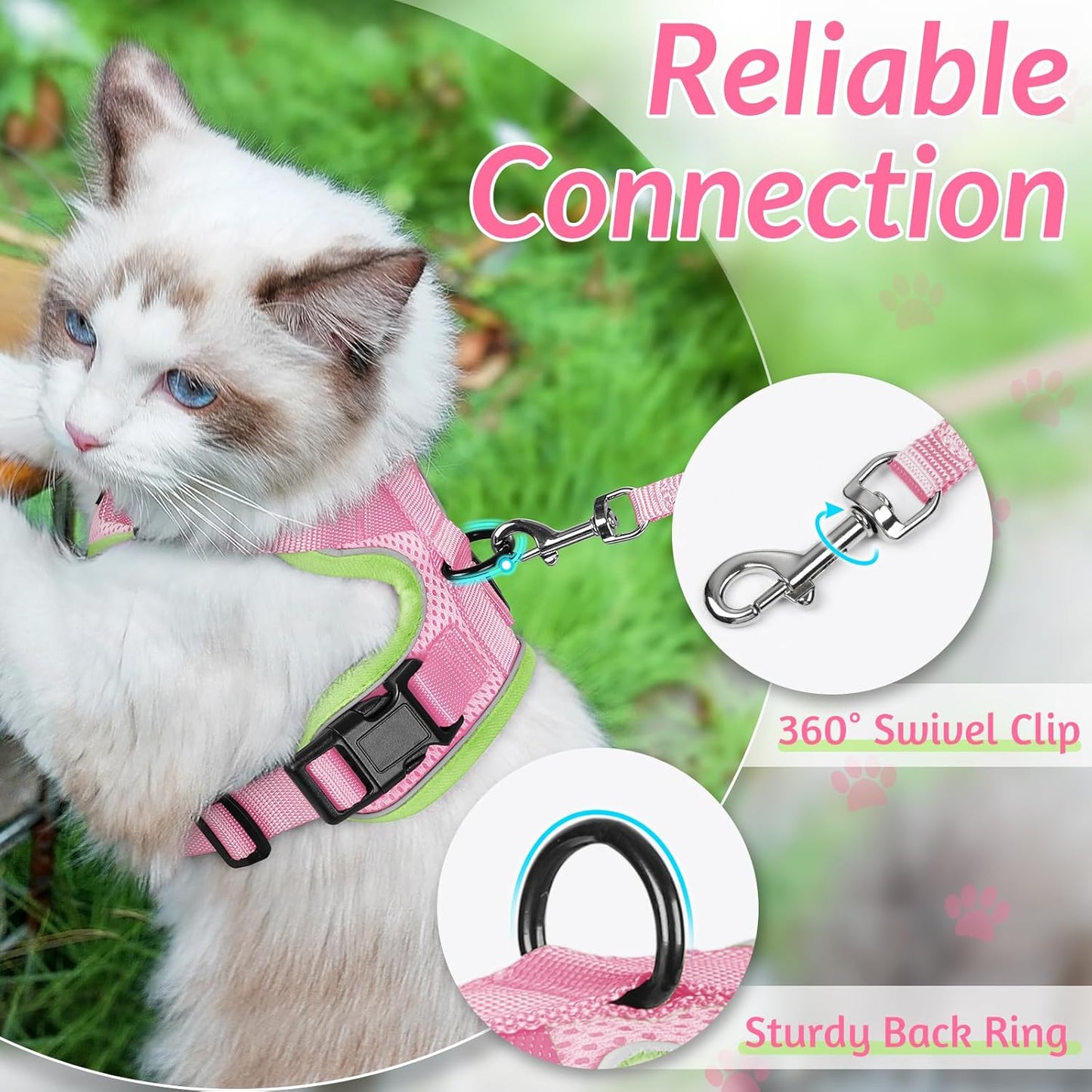rabbitgoo Cat Harness and Leash for Walking, Escape Proof Soft Adjustable Vest Harnesses for Cats, Easy Control Breathable Reflective Strips Jacket, Green&Pink, XS