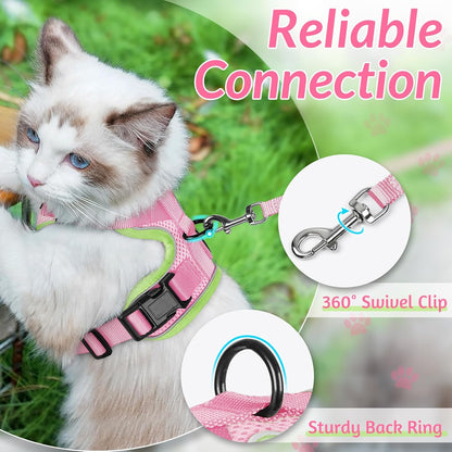 rabbitgoo Cat Harness and Leash for Walking, Escape Proof Soft Adjustable Vest Harnesses for Cats, Easy Control Breathable Reflective Strips Jacket, Green&Pink, XS