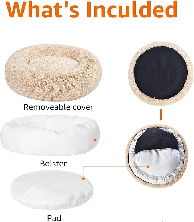 Amazon Basics Donut Pet Bolster Faux Fur Bed for Dog, Beige, 36" x 36"