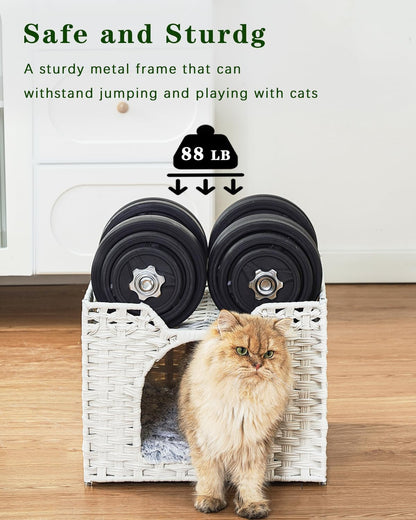 Cat Beds Indoor Kitten House, Handwoven Rattan Cat Cave Pet Cube, Large Cat Houses, One Bed Mat, Foldable, Hideaway, 16.5x16.5x13.2 Inches, 2 S-Shaped Hooks in Living Room Bedroom Gray