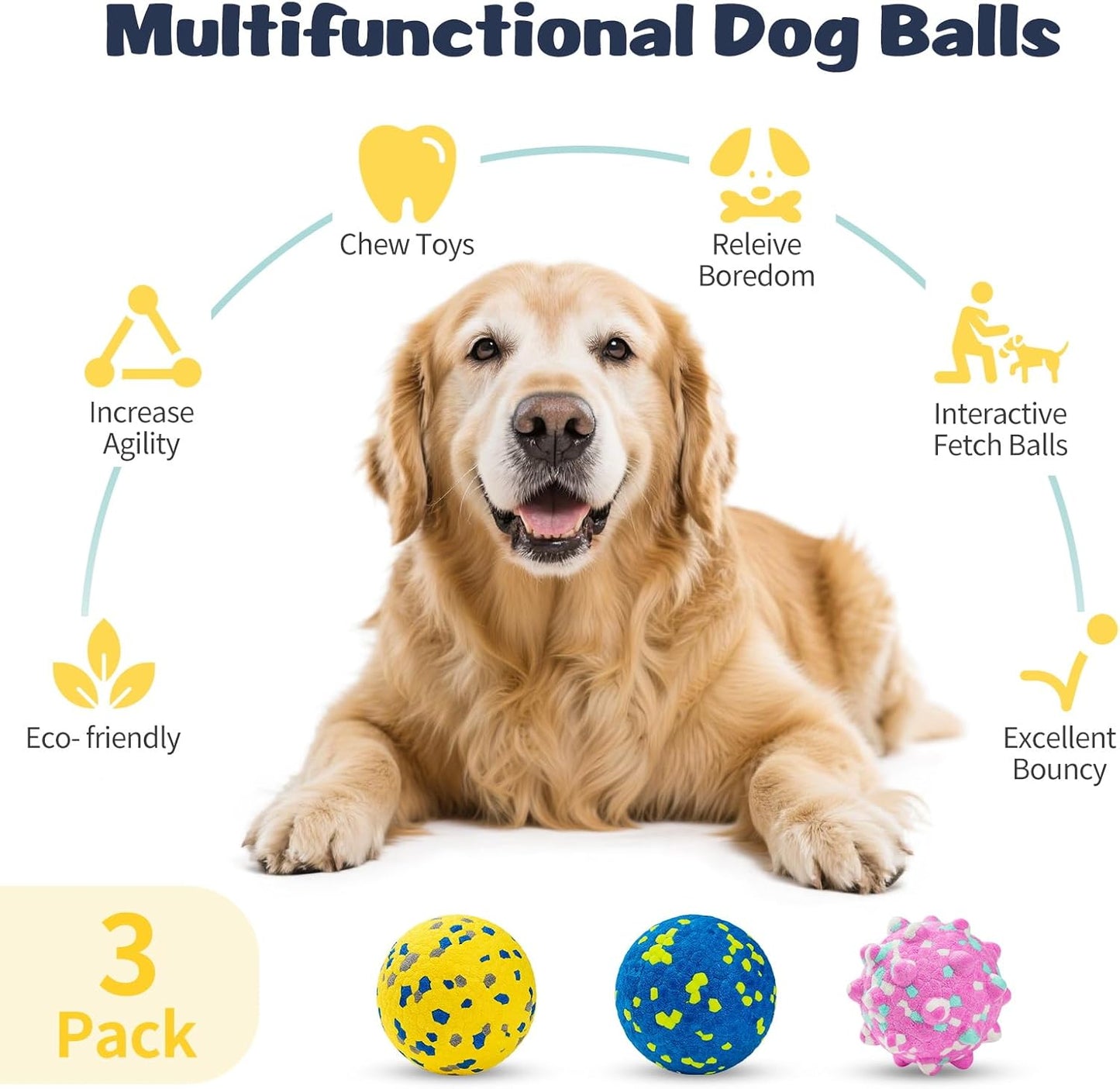 HIPPIH Dog Balls Interactive Tennis Balls for Dogs, Dog Toys for Aggressive Chewers, Tough Puppy Chew Toys for Teething, 3" Fetch Ball Water Toy for Small/Medium Breed, High Bouncy & Floating, 3 Pack