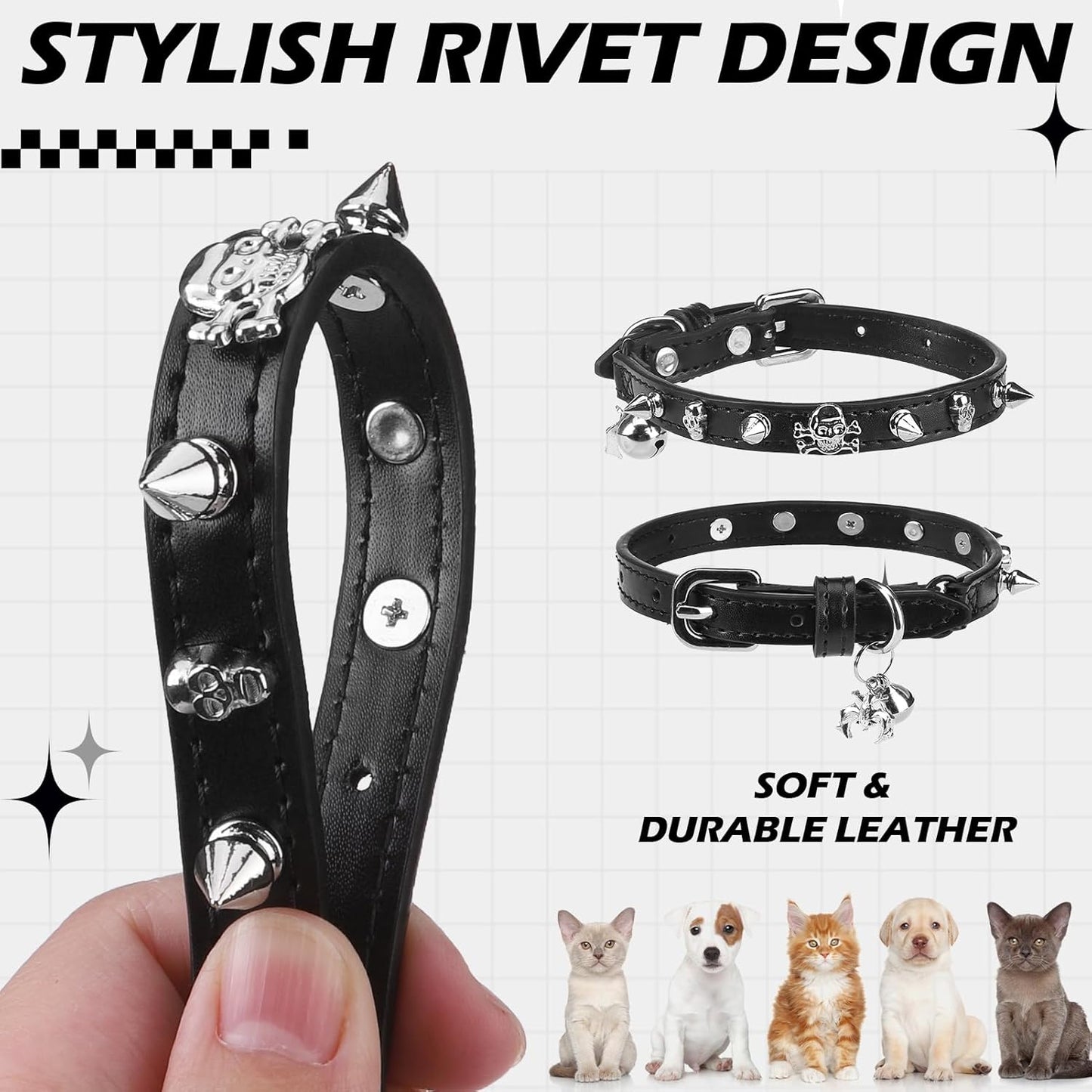 EXPAWLORER Halloween Cat Collar for Girl Boy- Adjustable Leather Pet Collar with Safety Elastic Belt,Personalized Punk Accessories Buckle Collars with Bell & Durable D-Ring, Rivet (Black)
