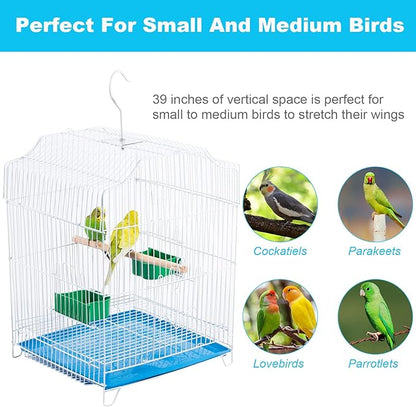Small Bird Travel Cage-Lightweight Small Birds Starter Kit with Birdcages and Accessories Great for Parakeets Lovebirds Parrotlets Finches Canaries Blue Removable Plastic Tray Include