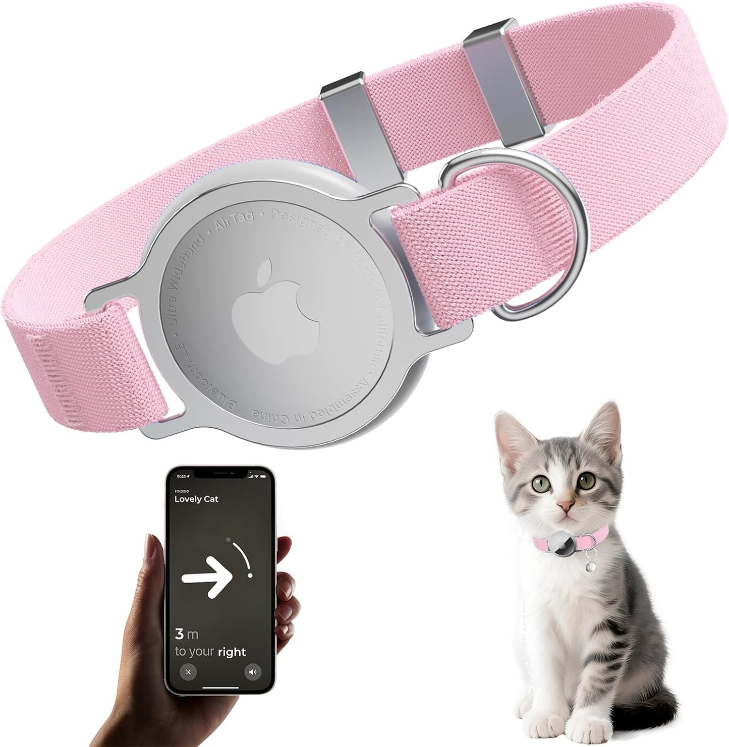 AirTag Cat Collar, Ultra Elastic Cat Tracker Collar, Airtag Holder Compatible with Apple Air Tag, [Lightweight & Scratch Resistant] Adjustable Stepless GPS Pet Collar for Cats Kittens, Pink