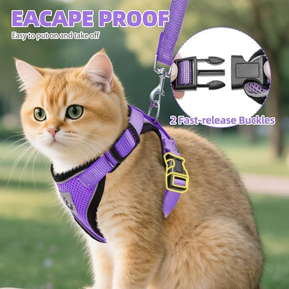 PUPTECK Cat Harness and Leash Set Escape Proof Reflective Cat Walking Harness Adjustable Soft Breathable Mesh Vest for Small Pets, Purple, S