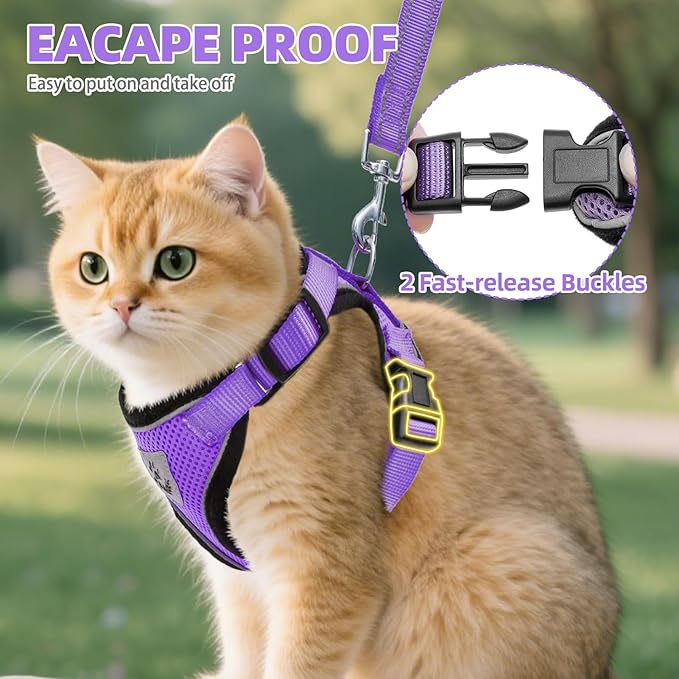 PUPTECK Cat Harness and Leash Set Escape Proof Reflective Cat Walking Harness Adjustable Soft Breathable Mesh Vest for Small Pets, Purple, M