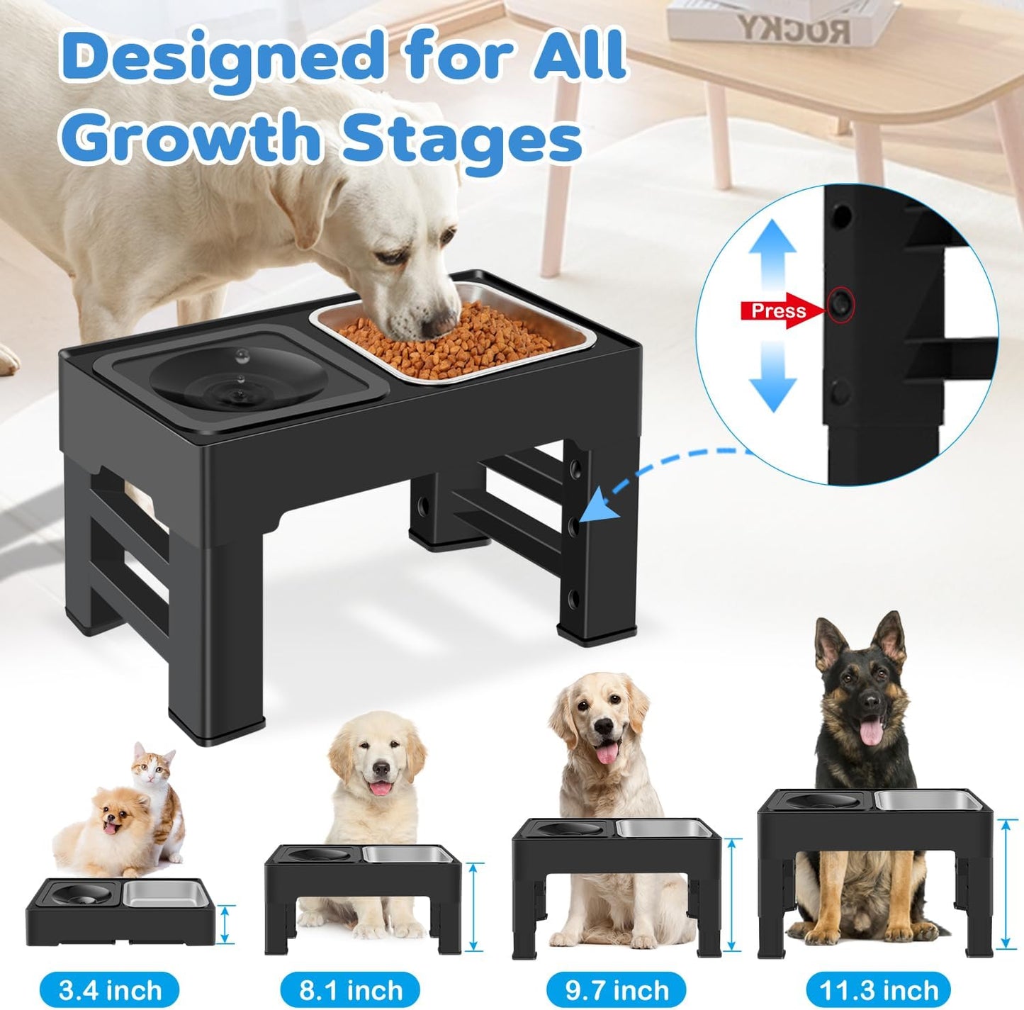 2-in-1 Elevated Dog Bowls, Raised Pet Bowl with Stainless Steel Food Bowl and Spill Proof Water Bowl, 4 Adjustable Heights, Non-Slip Stand, for Small, Medium, Large Dogs and Pets