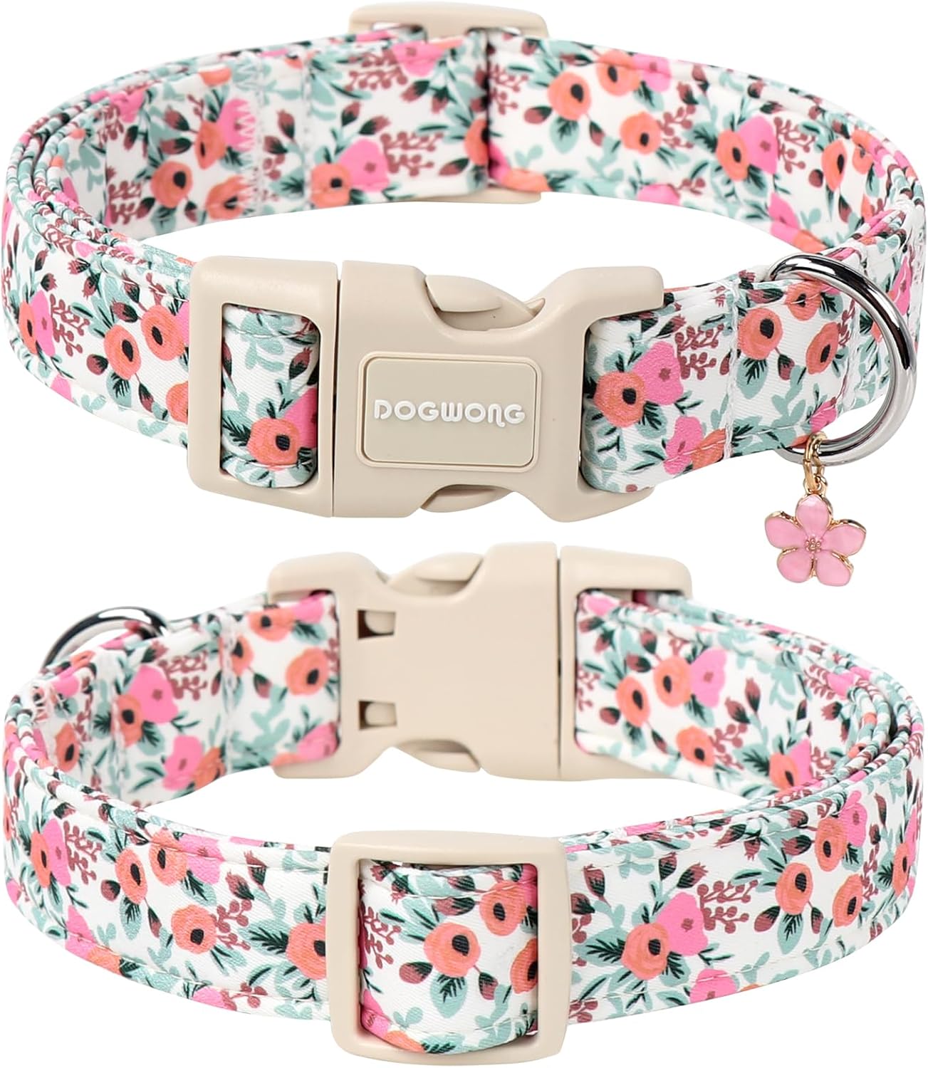 DOGWONG Flower Cotton Dog Collar, Spring Summer Cute Pink Dog Collar Durable Soft Fabric Pet Dog Collars Female Girl Necklace for Small Medium Large Dogs