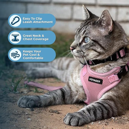 Voyager Step-in Lock Adjustable Cat Harness w. Cat Leash Combo Set with Neoprene Handle 5ft - Supports Small, Medium and Large Breed Cats by Best Pet Supplies - Pink, XS