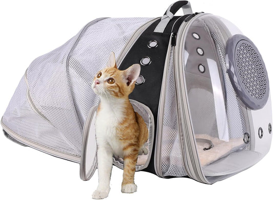 Dual Expandable Cat Backpack with Bubble Dome, Large Cat Carrier Space Capsule Clear Window, Fits up to 20 Pounds Fat Cat, Small Puppy and Bunny, Pet Travel Vet Bag