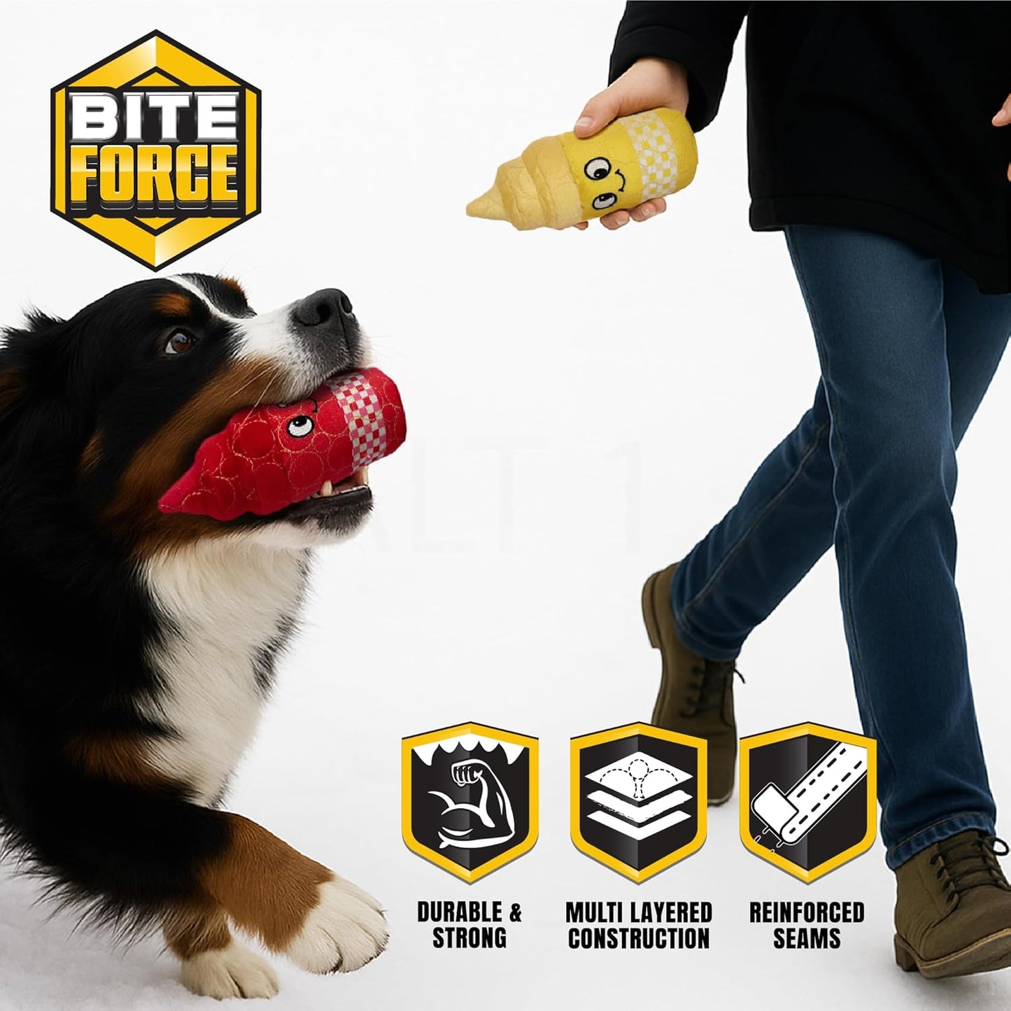 Bite Force Dog Toy - Drizzle & Dollop Squeaky Dog Toy Kevlar-Reinforced for Aggressive Chewers- red and Yellow.