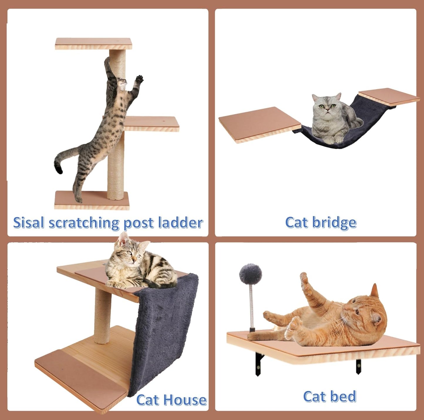 Wall Mounted Cat Climber Set, Solid Wood Cat Wall Shelves with Scratching Post,Hammock,Jumping Boards,Steps,Condo and Felt Pads, Suit for Cats Climb, Jump, Nap, Scratch-Dark
