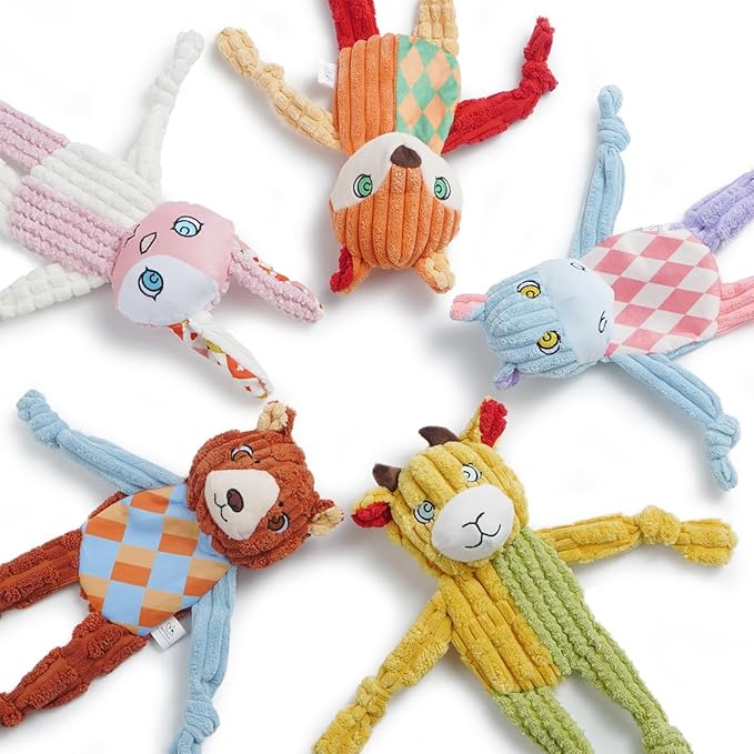 Nocciola Stuffless Squeaky Dog Toys 5 Pack, Body No Stuffing Small Dog Toy Variety Colors Animal Plush Puppy Toys with Squeaker Crinkle Sound to Keep Them Busy