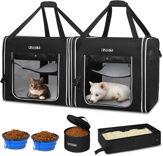 Petskd Portable Double Cat Carrier with Litter Box for Multiple Cats 2in1 Car Travel Carriers 36x17x17in Dual Large Cat Carrier with Safety Locking Zippers for Long Distance Travel