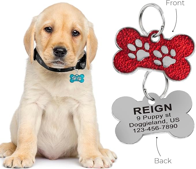 Personalized Dog Cute Paw Pet ID Tag for Pet Collar or Key Chain - Dog Name tag, cat Tags Personalized, cat id tag, Kitten Name tag, Kitten id tag (Bone-Shaped-Small: Red)