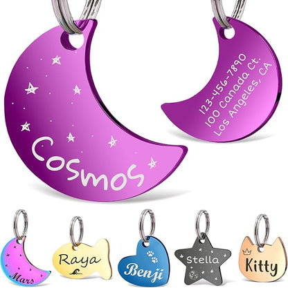 Anavia Small Size Dog Cat ID Tags, Small/XS Personalized Color Plated Stainless Steel Puppy Kitten Name Tags, Customized Engraved Nameplate Pet Collar Tag (Purple, Moon)