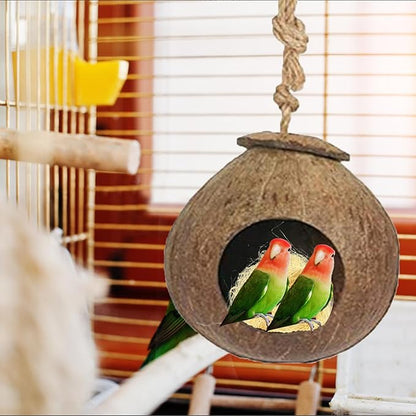 kathson Natural Coconut Shell Bird Nest,Hanging Coco Birds House,Parrots Hide Hut Habitats Decor,Parrot Cage Accessories for Lovebirds Cockatiel Canary Budgies,Feeder Spoon,4 Toy Balls(6 Pcs)