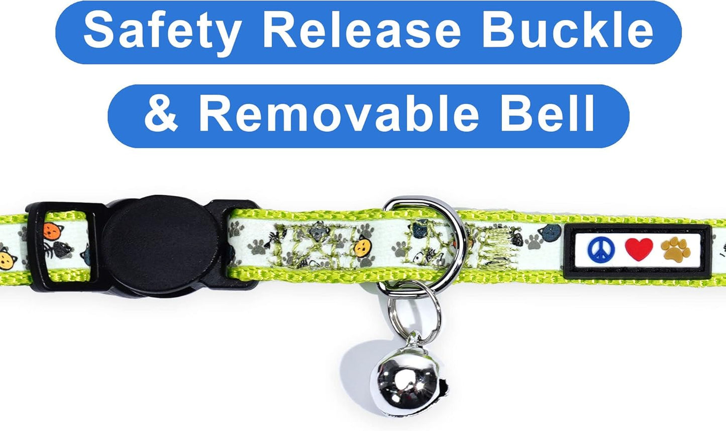 Pawtitas Pet Glow In The Dark Cat Collar with Safety Buckle and Bell Green Hook