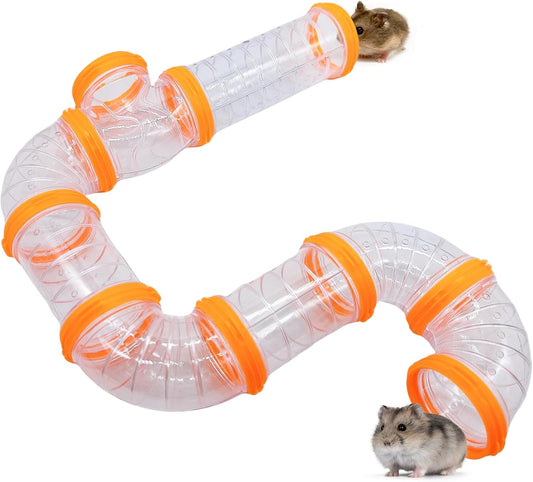 8PCS Hamster Tunnel Tube DIY Assorted Toy Transparent Adventure Pipe Playground Excercise Set for Mouse Syrian Hamster Gerbil (Orange)