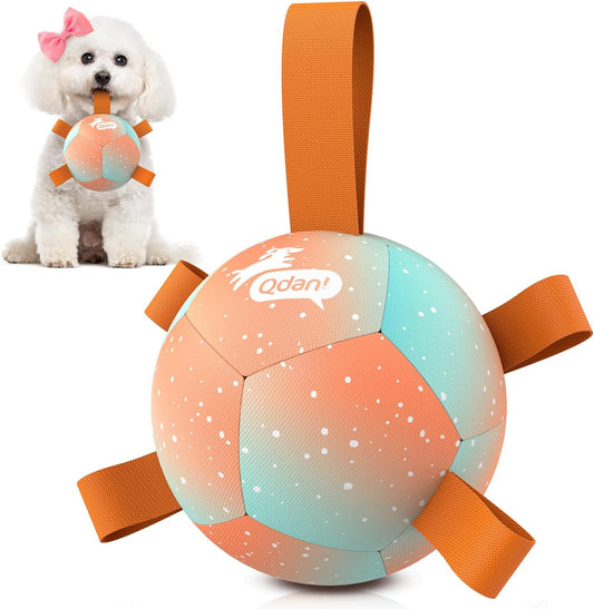 QDAN Small Dog Balls: Dog Soccer Ball with Straps- Premium Dog Toys Balls- Puppy Outdoor Dog Toys Pet Training Ball Birthday Gifts for Small Dogs- Rainbow Orange (5 Inch)