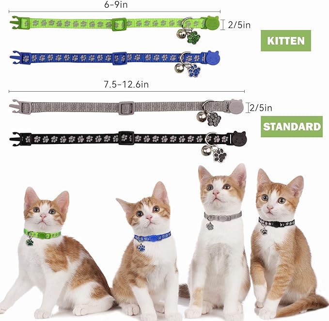4PCS Breakaway Cat Collars,Reflective Cat Collar with Bells,Kitten Collars for Boy&Girl Cats Breakaway Collar for Cats with Paw Pendant 6-9 Inch(Black+Blue+Green+Grey)