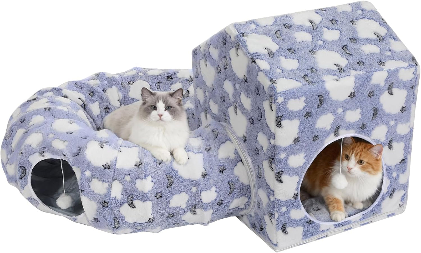 Pawaboo Cat Tunnel Bed, Cat Donut Tube with Square Kitten House, Soft Plush Cats Cave Tunnels with Washable Cushions, Foldable Kitten Bed Hideout with Fluffy Balls for Indoor Cats Rabbit Ferret, Blue