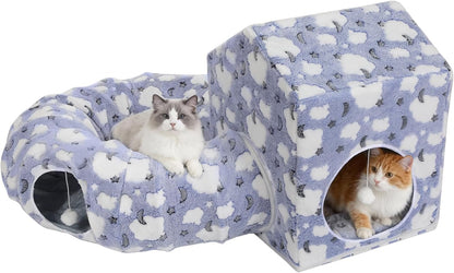 Pawaboo Cat Tunnel Bed, Cat Donut Tube with Square Kitten House, Soft Plush Cats Cave Tunnels with Washable Cushions, Foldable Kitten Bed Hideout with Fluffy Balls for Indoor Cats Rabbit Ferret, Blue