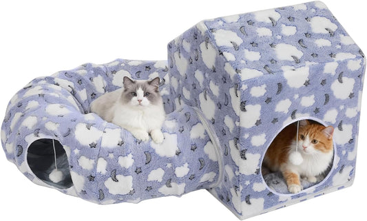 Pawaboo Cat Tunnel Bed, Cat Donut Tube with Square Kitten House, Soft Plush Cats Cave Tunnels with Washable Cushions, Foldable Kitten Bed Hideout with Fluffy Balls for Indoor Cats Rabbit Ferret, Blue