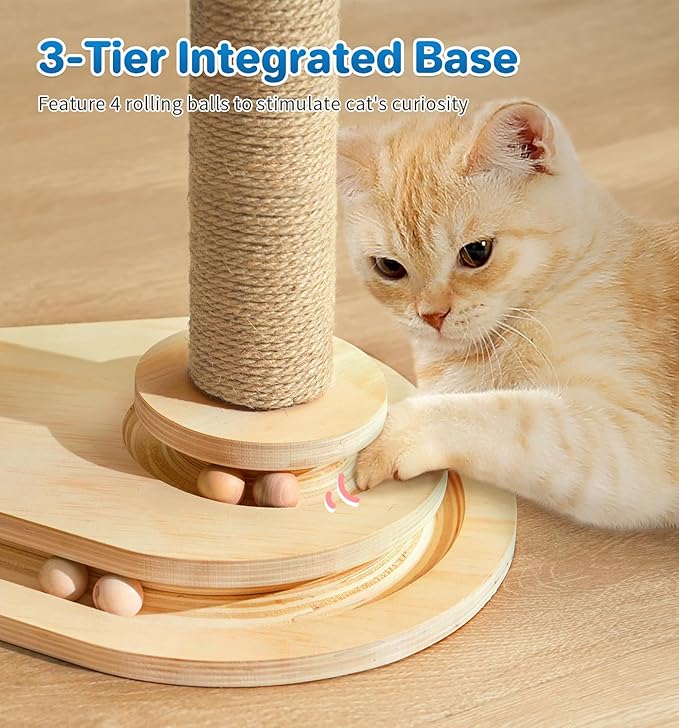 Made4Pets Cat Scratching Post, Cat Self Groomer for Indoor Cats, Cloud Soft Perch for Rest, 17.5" Tall Natural Sisal Scratcher Cat Grooming Interactive Ball Track Toys for Small Cats Kittens