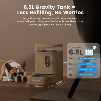 Gardner Pet Automatic Dog Water Dispenser Gravity Waterer with Stainless Steel Bowl Water Dispenser 6.5L Large Capacity Water Feeder with Filters for Dogs Cats Pets, BPA-Free Noise-Free (Brown, 6.5L)