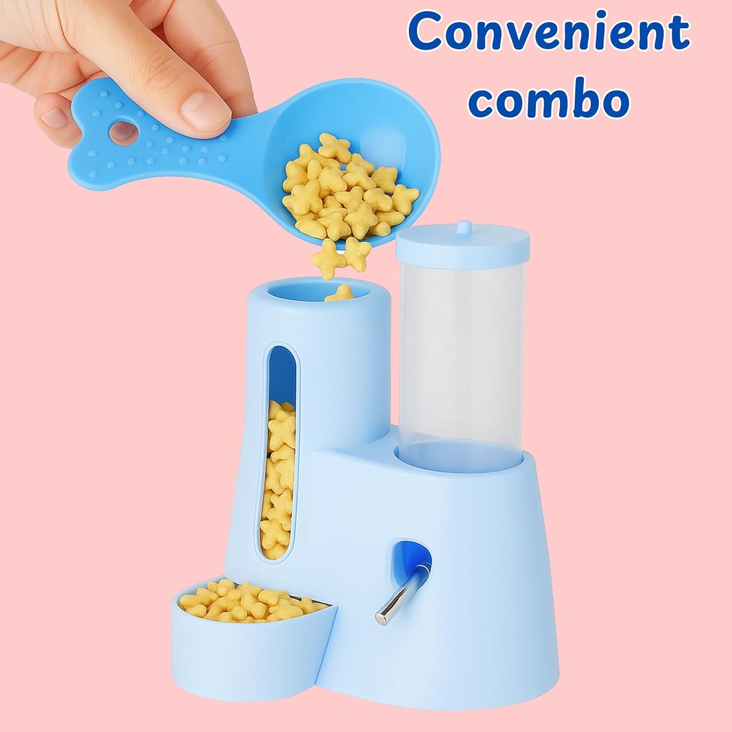 Hamster Water Bottle Stand with Food Bowl, 2 in 1 Automatic Water Bottle No Drip and Food Dispenser, Hamster Cage Accessories, Rat Enrichment Toys, Guinea Pig Accessories for Cage (Blue, 125ml)