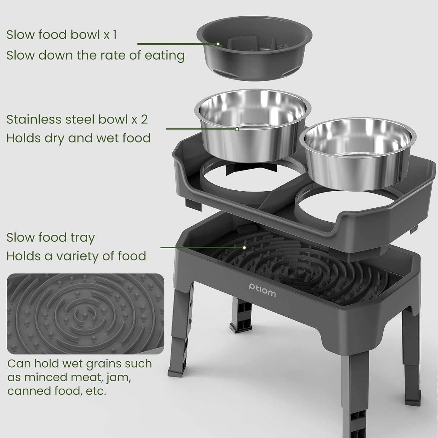 KPWACD 4-in-1 Elevated Slow Feeder Dog Bowls, 4 Height Adjustable Mess Proof Raised Dog Bowl Stand with Licking Plate, 2 Stainless Steel Doggy Food Bowl & Slow Feeder for Large Medium Small Pets