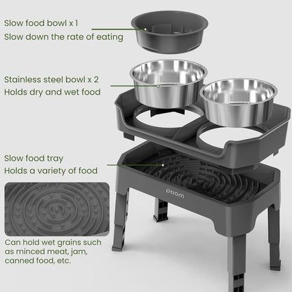 KPWACD 4-in-1 Elevated Slow Feeder Dog Bowls, 4 Height Adjustable Mess Proof Raised Dog Bowl Stand with Licking Plate, 2 Stainless Steel Doggy Food Bowl & Slow Feeder for Large Medium Small Pets