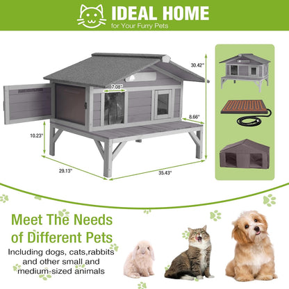 GUTINNEEN Heated Cat House for Outside Large Outdoor Insulated Cat House Weatherproof Feral Cat Shelter with Heated Pad, Insulated All-Round Thermal Liner, Chewproof Cable for 1-4 Cats (Winter-Ready)