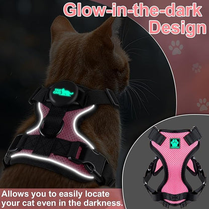 Cat Harness and Leash for Walking,Airtag Cat Harness and Leash Set with Integrated Hidden type Air Tag Holder,Escape Proof Reflective Adjustable Vest Harnesses with Apple Air Tag Case for Cats,Puppies
