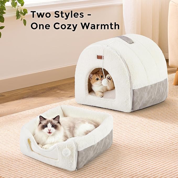 Cat Bed Cave for Indoor Cats - 2 in 1 Cat Hideaway Hut Fully Machine-Washable, Covered Kitten House Bed with Cushioned Pillow, Cute Small Pet Tent with Non-Slip Bottom, 15 Inches