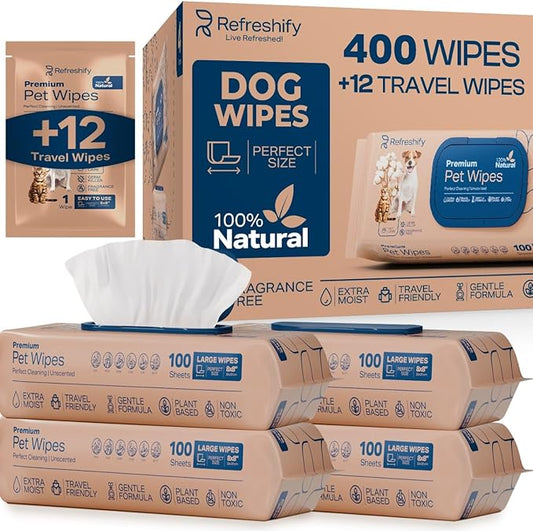 Pet Wipes for Dogs and Cats Plant Based – Unscented (Pack of 400) Dog Wipes for Paws and Butt - Deodorizing Non Toxic Dog Wipes, +12 Additional Travel Wipes