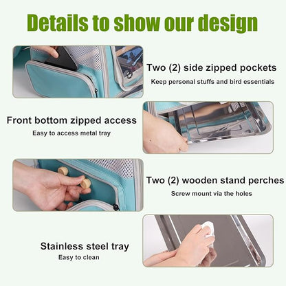 halinfer Bird Backpack Carrier Cage, Front Zipper Opening Portable Bird Travel Bag with Standing Perches and Metal Tray, Vented Carry Transport Carrier for Parakeet, Budgie, Conure, Cockatiel, Parrot