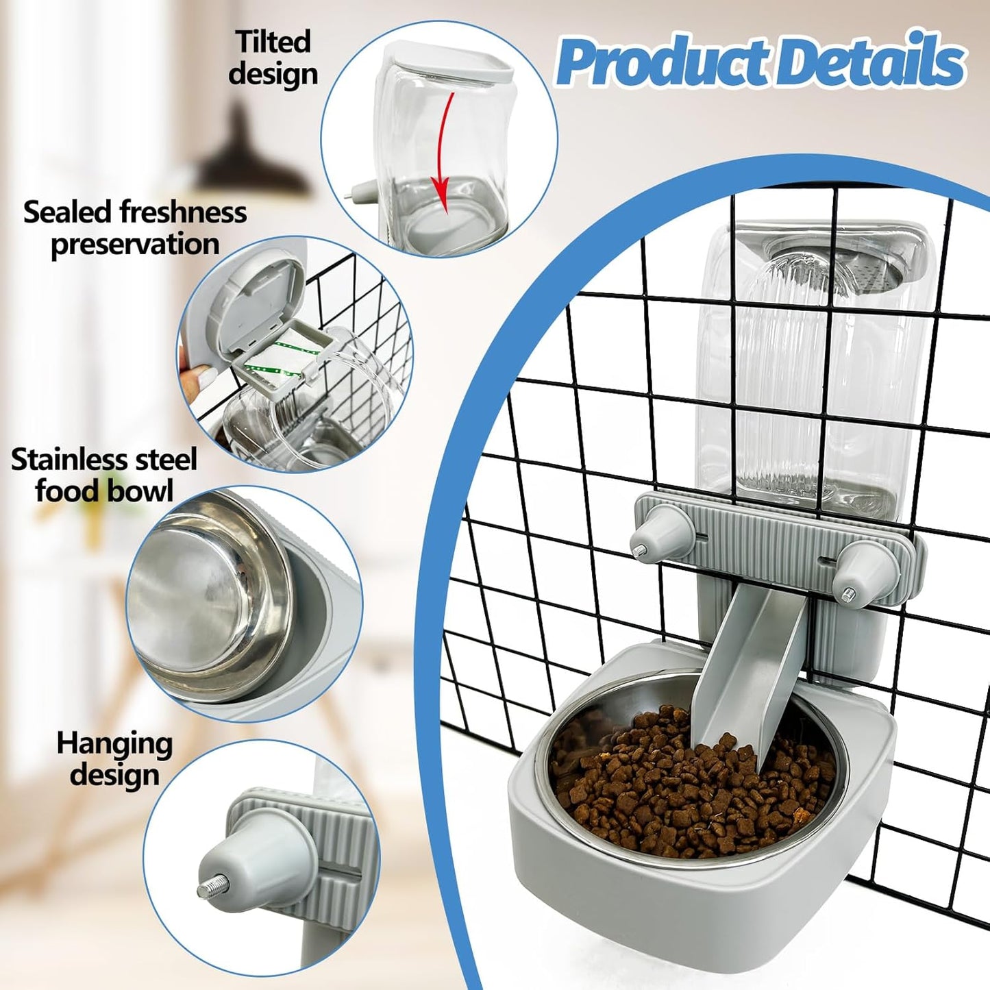 54 oz Rabbit Food Dispenser with Stainless Steel Food Bowl Hanging Gravity Bunny Feeder for Cage Automatic Small Animal Feeding Bowls for Ferret Guinea Pig Chinchilla Cat Puppy