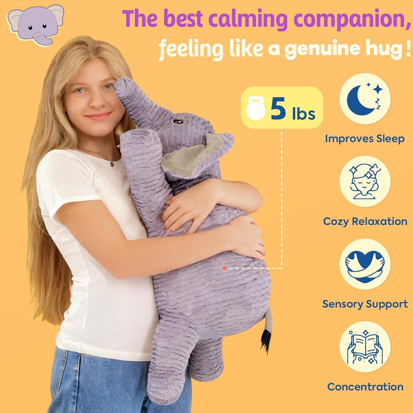 PEACH CAT 25.6 inch 5 lbs Elephant Weighted Stuffed Animals Realistic Elephant Plush Large Plushies Toys Body Pillow Gifts for Kids Adults